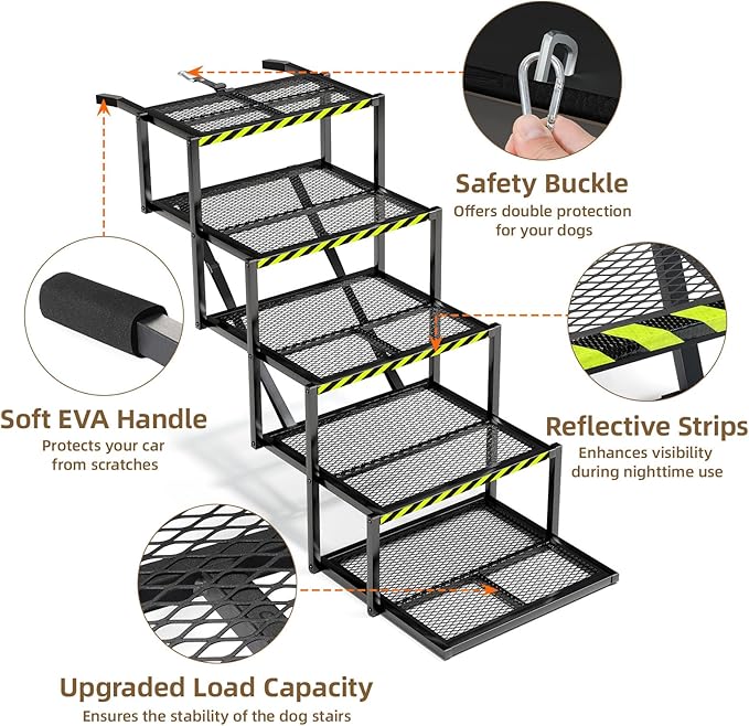 Dog Stairs for Large Dogs, Linvivon Extra Wide 20" Dog Steps with Non-Slip Surface and Reflective Strips, Outdoor Foldable Dog Ramp for Stairs, Car, Truck and SUV, Supports Up to 400LBS, 5 Steps-PawvioPets