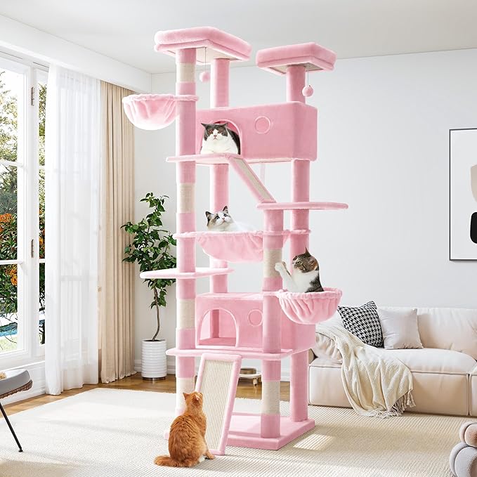 Allewie 81 Inches Tall Cat Tree/Multi-Level Large Climbing Tree House and Towers for Big Feline/Condo and Hammock/Scratching Post/Wide Base/Pink-PawvioPets
