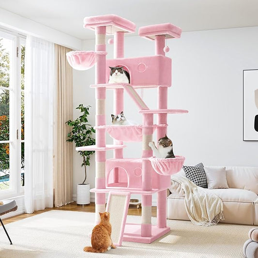 Allewie 81 Inches Tall Cat Tree/Multi-Level Large Climbing Tree House and Towers for Big Feline/Condo and Hammock/Scratching Post/Wide Base/Pink-PawvioPets