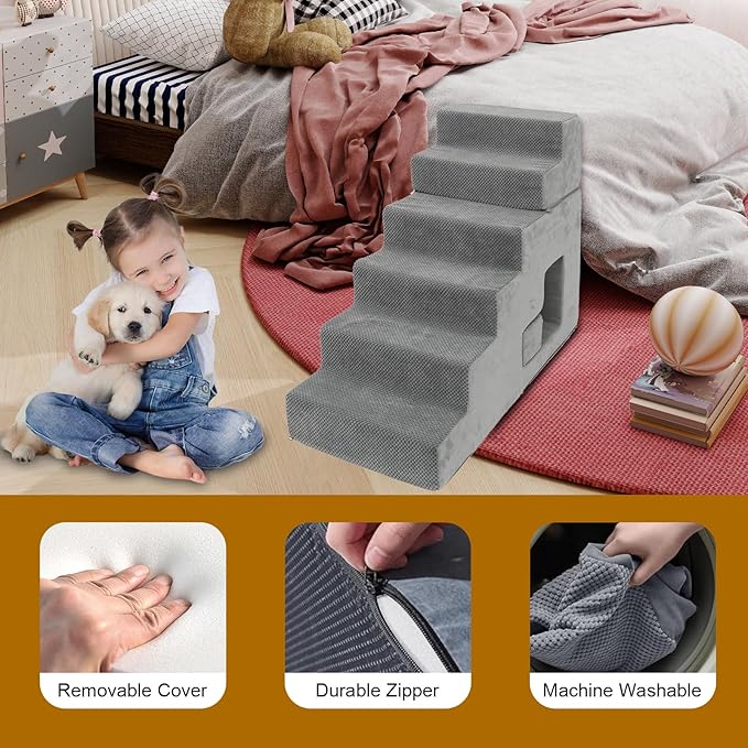 Dog Stairs for Small Dogs 27”H, 6-Step Dog Steps for High Bed, High-Density Foam Pet Stairs with Non-Slip Removable Washable Cover to Get on Bed(Grey)-PawvioPets
