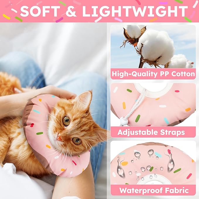 Cat Cone Collar Soft, Waterproof Cat Recovery Collars Spay Cones to Stop Licking Cute Donut E Collar After Surgery Anti-Lick Wound Healing Safety Elizabethan Collar for Kittens (Donut Pink, Large)-PawvioPets