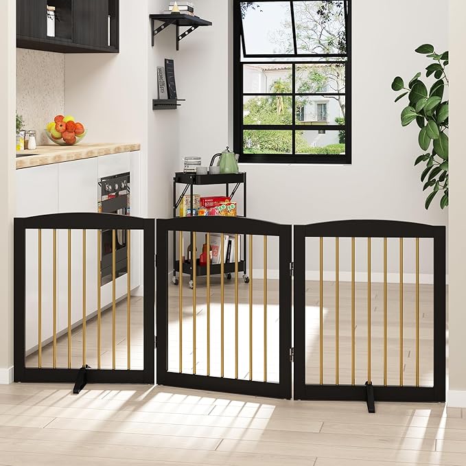 Freestanding Pet Gate for Dogs, Foldable Wooden Dog Gate for House, Indoor Dog Gate for Doorways, Stairs, Step Over Pet Puppy Safety Fence, Support Feet Included,24" Height 3 Panels,Black&Gold-PawvioPets