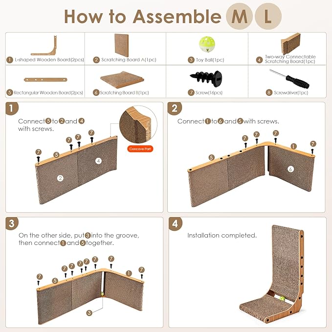 EHEYCIGA Cardboard Cat Scratcher for Indoor Kitten Cats, 19 Inch L Shaped Vertical Cat Scratching Board with Ball Cat Toy, Small Cat Scratcher Pad, Brown-PawvioPets