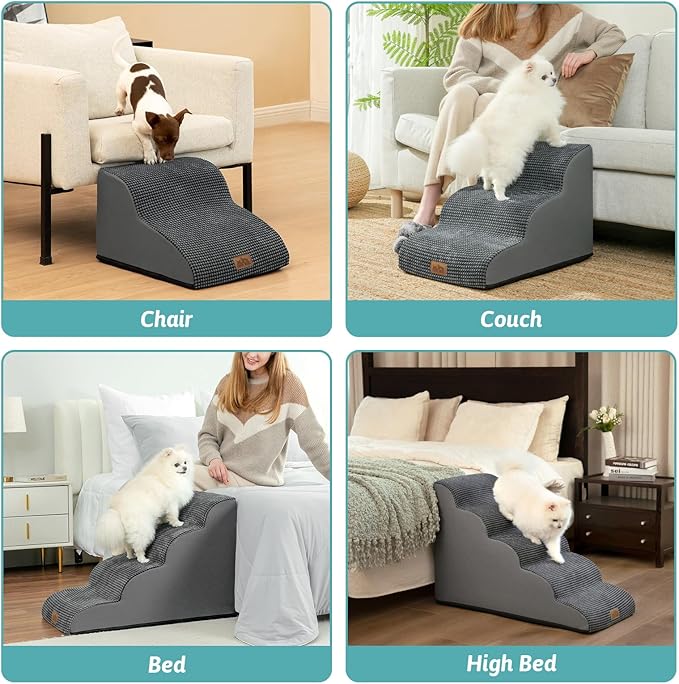 Dog Stairs for Small Dogs 19.7" H, Curved Dog Step for Puppy, Older or Cat, Medium Pet Ramp for Sofa, Couch or Bed, Ladder with High Density Foam, 15.7x28.3x19.7 inch, 4 Step, Dark Grey-PawvioPets