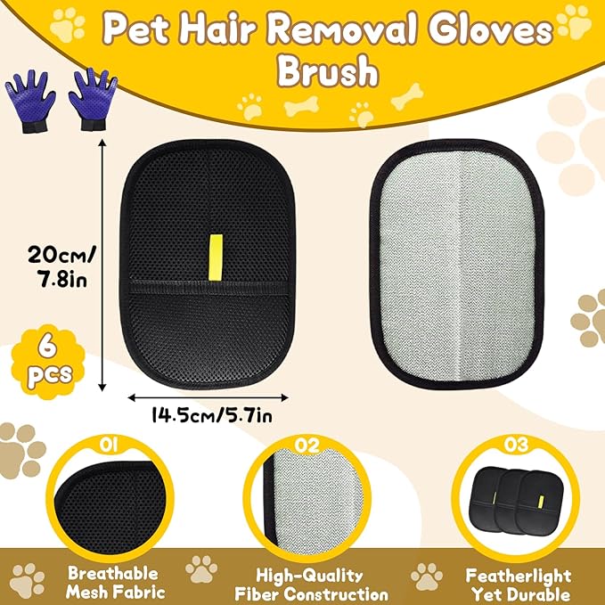 8 Pcs Pet Grooming Gloves for Shedding – 6x Reusable Cat & Dog Hair Removal Gloves+ 1 Pair 2-in-1 Deshedding Brush & Massage Mitt – Safe for Dogs & Cats, Efficient (Blue)-PawvioPets