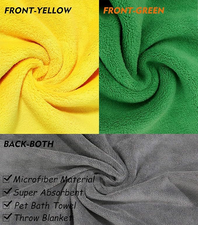 2 Pack Dog Towels Super Absorbent Pet Bath Towel Microfiber Dog Drying Towel for Small Dogs and Cats, Machine Washable, 11.8Inch x 23.6Inch, Yellow-Grey & Green-Grey-PawvioPets