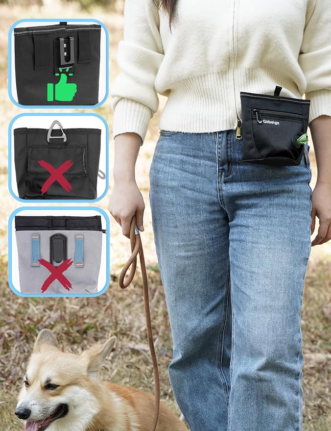 Gobeigo Dog Treat Pouch and Training Clicker, Upgrade Two Magnetic Closure to Prevent Spills, 2 Cup Treat Bag with Poop Bag Dispenser, Metal Clip Waist Belt Fanny Pack for Pet Walk (Black)-PawvioPets