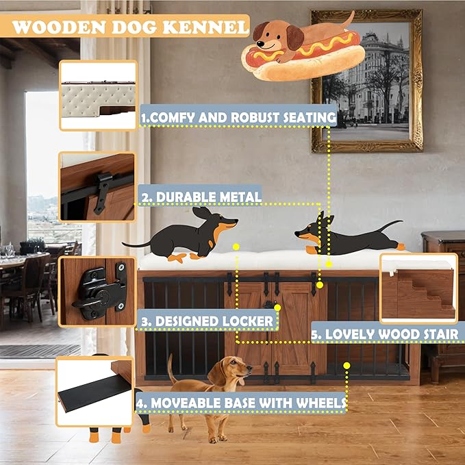 56" L Dog Crate Furniture with Padded Seat, End of Bed Bench Ottoman with Cushion, Wooden Dog Kennel with Pet Stairs & Sliding Barn Door for Bedroom, Living Room, Walnut-PawvioPets
