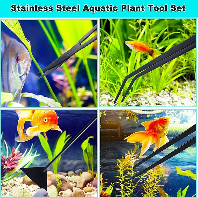 Aquarium Aquascape Tools Kit, Long 15 Inch Stainless Steel Aquatic Plants Tools, 4 in 1 Anti-Rust Black Aquascaping Tweezers Scissors Spatula Scrapers Tool Set for Fish Tank Cleaning Plant Trimming-PawvioPets
