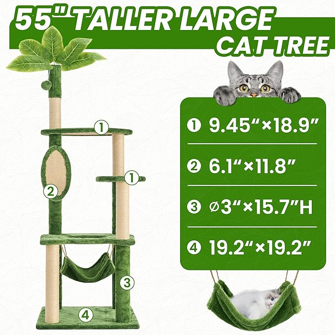 55 Inch Large Cat Tree Tower for Indoor Cats with Hammock Green Leaves Sisal Scratching Post, Plush Hang Ball Play Furniture for Kittens & Adult Cats,New Green-PawvioPets