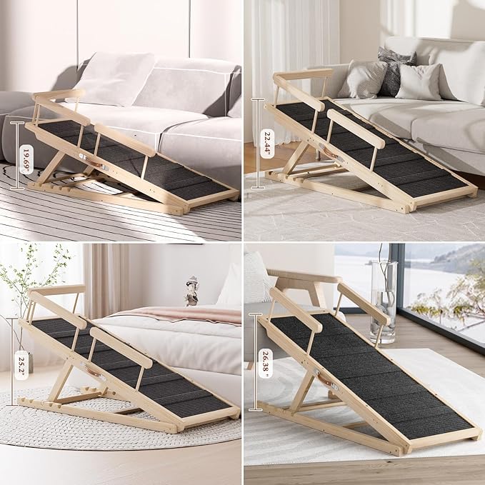 Dog Ramp for High Bed, Couch, Car, Pet Ramps 55.12" Long Adjustable 19.7"-27.6" Wooden Dog Step with High Traction Mat & Safety Side Rails for Small Medium Large Older Pets, up to 250 lbs-PawvioPets