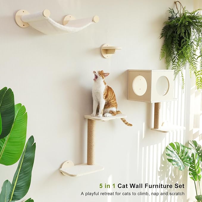 FUKUMARU Cat Wall Shelves, 5-Piece Stable Wooden Wall-Mounted Furniture Set, Kitty Climber with Hammock, House, Steps, Scratching Post (Beige)-PawvioPets