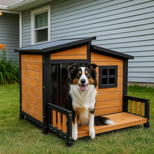 GARWOOD Large Outdoor Indoor Wooden Dog House for Small Large Dog Kennel Wood Sturdy Pet Puppy Warm Home with Durable Weatherproof Asphalt Roof Insulated Elevated Floor Outside Shelter Brown 39x37x30“-PawvioPets