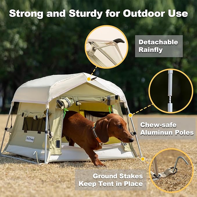 Dog Tent Cotton Fabric, Aluminum Poles and Camping Mat, Outdoor Weatherproof, Dog House Outdoor, Breathable with 2 Side Windows, Portable and Collapsible (Green, Small)-PawvioPets