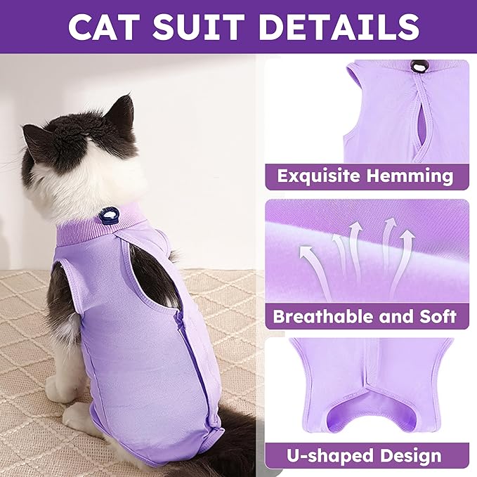 Cat Recovery Suit for Spay Abdominal Wound, Breathable Kitten Onesie for Cats After Surgery, Anti Licking Cat Cone Alternative, Pet Surgery Recovery Shirt-Purple(L)-PawvioPets
