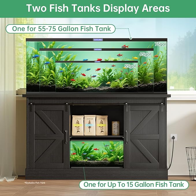 Fish Tank Stand Up to 75 Gallon, Aquarium Stand with Sliding Barn Doors & Power Outlet, Black Farmhouse Style Stand with Cabinet Storage for Fish Tank, Turtle Tank, Reptile Terrarium,1000LBS Capacity-PawvioPets