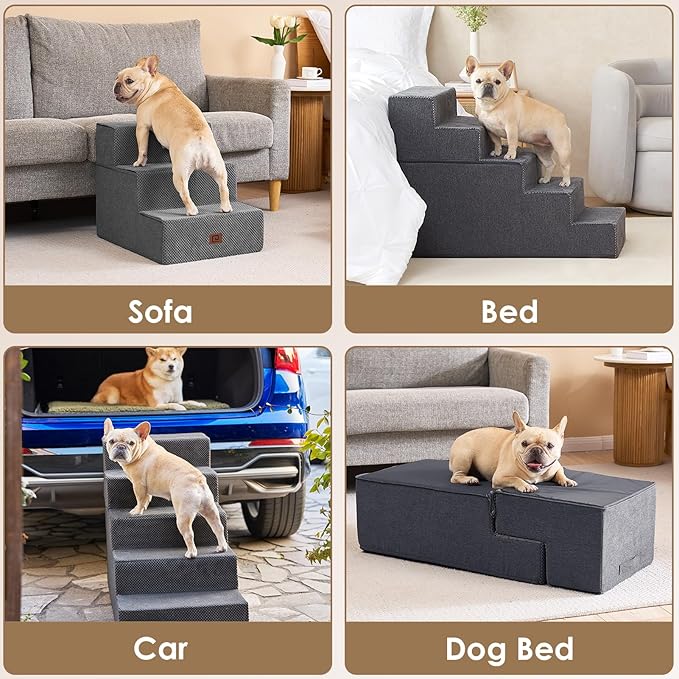 EHEYCIGA Dog Stairs for Small Dogs 16.5" H, 3-Step Extra Wide Dog Steps for Couch Sofa and Chair, Pet Steps for Medium Cats, Non-Slip Balanced Pet Ramp Indoor, Grey-PawvioPets