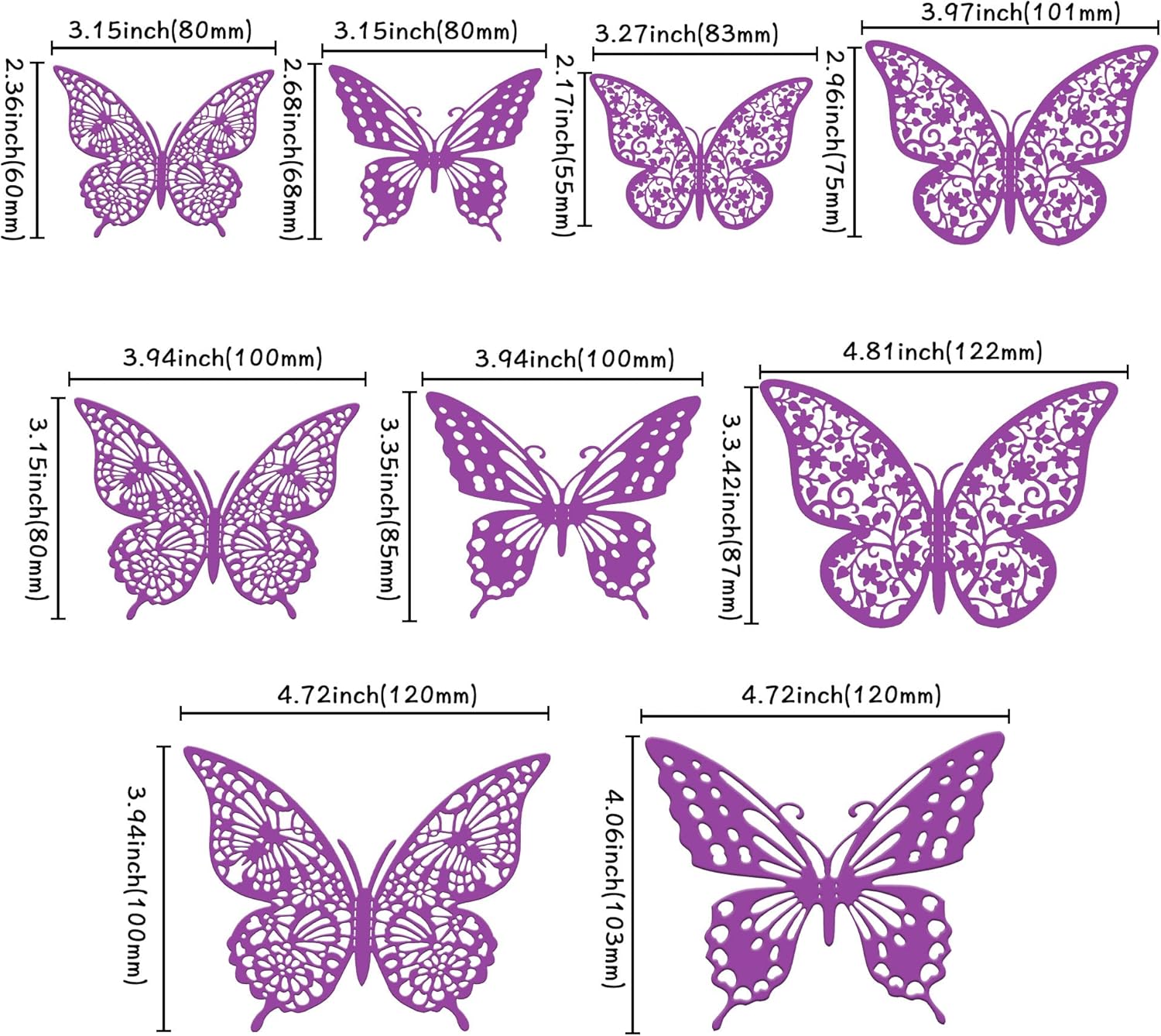 Gyufise 36 Pack Purple 3D Butterfly Cupcake Toppers Hollow Cake Decorations for Birthday Wedding Fairy Party Wall Sticker Decal