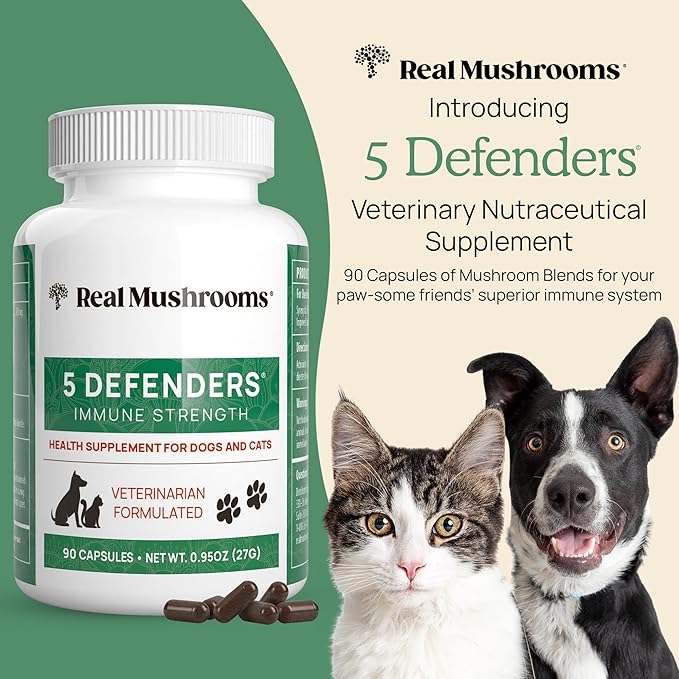 5 Defenders Mushroom Supplement for Cats & Dogs – Chaga, Shiitake, Reishi, Turkey Tail, Maitake – Cat Multivitamin & Dog Supplement for Wellness Support– 90 ct Real Mushrooms Powder Capsules-PawvioPets