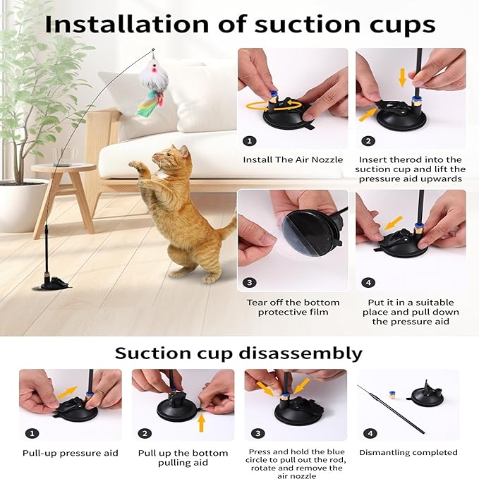 4-in-1 Interactive Cat Feather Toys with Durable Retractable Fishing Pole, Enhanced Suction Cup Toy, Door Hanging Teaser Toy and 11 Attachments Replacements for Bored Indoor Adult Cats-PawvioPets