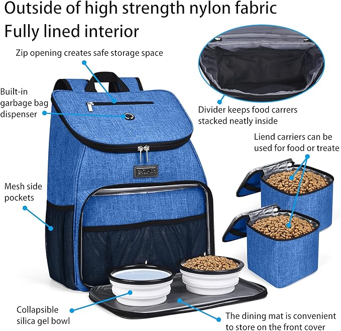 BAGLHER丨Dog Travel Bag, Airline Approved Pet Supplies Backpack, Dog Travel Backpack with 2 Silicone Collapsible Bowls and 2 Food Baskets-PawvioPets