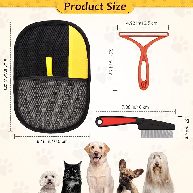 3 Pcs Pet Hair Removal Glove Set, Reusable Electrostatic Pet Hair Remover with Hair Remover Brush and Pet Comb, Upgrade Efficient Cats&Dogs Grooming Gloves for Clothes Furniture Carpet Seat-PawvioPets