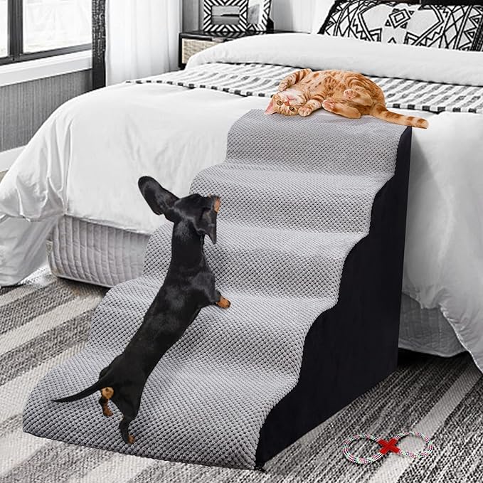 Dog Stairs&Steps for High Beds Up to 28'', 5-Step Dog Ramp for Small Medium Dogs with Washable Cover, Pet Steps for Cats to Get on Couch and Sofa, Durable Foam Ladders, 24.4" Tall, Grey-PawvioPets