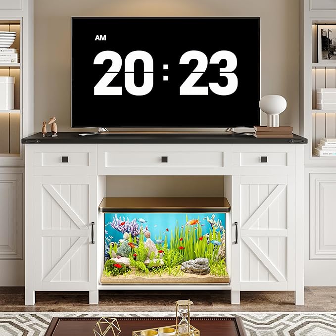 55-75 Gallon Aquarium Stand With Charging Station, Farmhouse Fish Tank Stand, Reptile Tank Stand Terrarium Stand with Drawer and Cabinet Storage, Sturdy Heavy Duty 53.5"×19.7" Tabletop - White-PawvioPets
