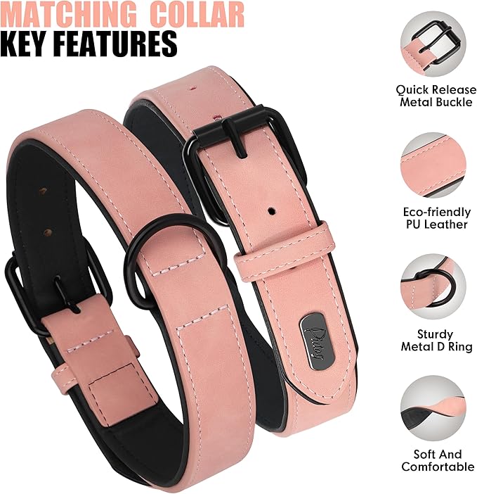 Didog Soft Padded Leather Dog Collar and Leash Set, Adjustable Pink and Breathable Pet Collars with 4FT PU Leather Dog Leash for Small Medium Large Dogs, Pink, L-PawvioPets