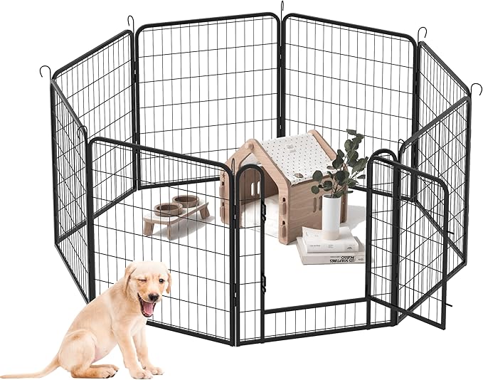 Dog Playpen, Outdoor Dog Fence, 8 Panels, 32" H Dog Pen for Medium/Small Dogs, Heavy Duty Metal Pet Fence with Gate, Portable Dog Fence for RV Camping and Yard (Black)-PawvioPets