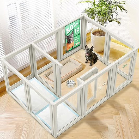 FXW AuraSpace Acrylic Indoor Unleashed Dog Playpen for Small and Medium Dogs, 30 Inch, 12 Panels, White-PawvioPets