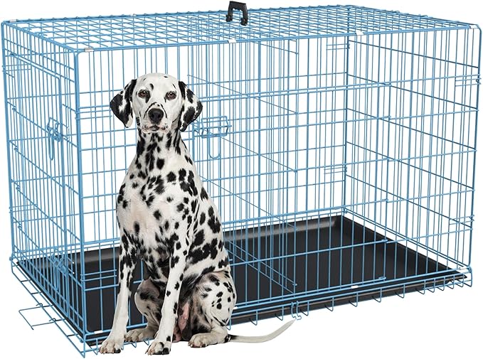 FDW Dog Crate for Large Dogs 48 Inch Folding Metal WirePet Cage Double Door W/Divider Panel Indoor Outdoor Kennel Leak-Proof Plastic Tray,Blue-PawvioPets