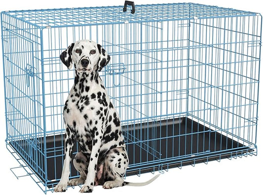 FDW Dog Crate for Large Dogs 48 Inch Folding Metal WirePet Cage Double Door W/Divider Panel Indoor Outdoor Kennel Leak-Proof Plastic Tray,Blue-PawvioPets