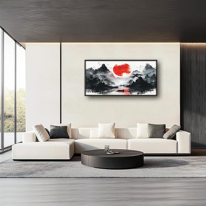 Framed Large Japanese Mountain Wall Art for Living Room, Oversized Asian Red Sun Lake Landscape Wall Decor Nature Canvas Painting Home Decoration for Living Room Bedroom Office 60"x30"-PawvioPets