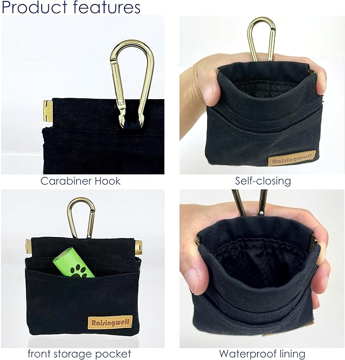 Dog Treat Pouch, Black Pocket Sized Pet Training Pouch, Cotton Fabric, Hand Free Dog Walking Bag with Carabiner, Self-Closing Pet Feed Snack Reward, for Pet Puppy Travel or Outdoor Use-PawvioPets