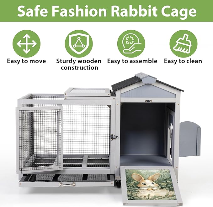 COZIWOW 38.5inches Durable Wooden Rabbit Cage Indoor，Wide Space Small Animal House with Removable Tray&Safety Lock，Rubbit Hutch with Waterproof Roof&Solar Panels (Grey with Pattern)-PawvioPets