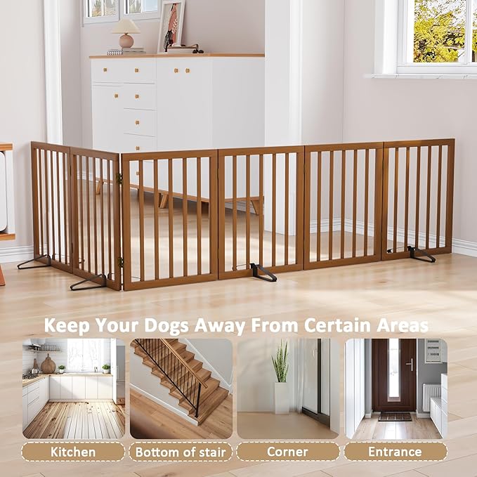 Freestanding Pet Gate Foldable Dog Gate (110 inches Wide) Walnut Bamboo Dog Gates for Stair Doorways House Puppy Fences Indoor (4 Support Feet Included)-PawvioPets