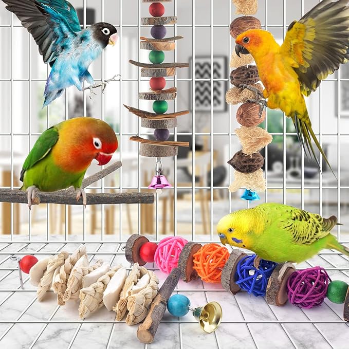Bissap Bird Chew Toys, 5 Packs Parakeet Natural Wood Toys Parrot Hanging Cage Toy Bird Perch Stand for Small Bird Conure Cockatiel Parrotlet Lovebird Budgie-PawvioPets