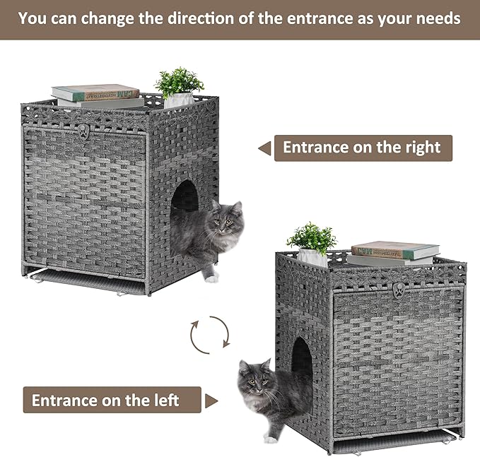 Cat Litter Box Enclosure with Soft Litter Mat; Hidden Kitten Washroom Furniture with Door; Handwoven Rattan Cat House; Pet Crate for Living Room, Bedroom, Balcony (Grey)-PawvioPets