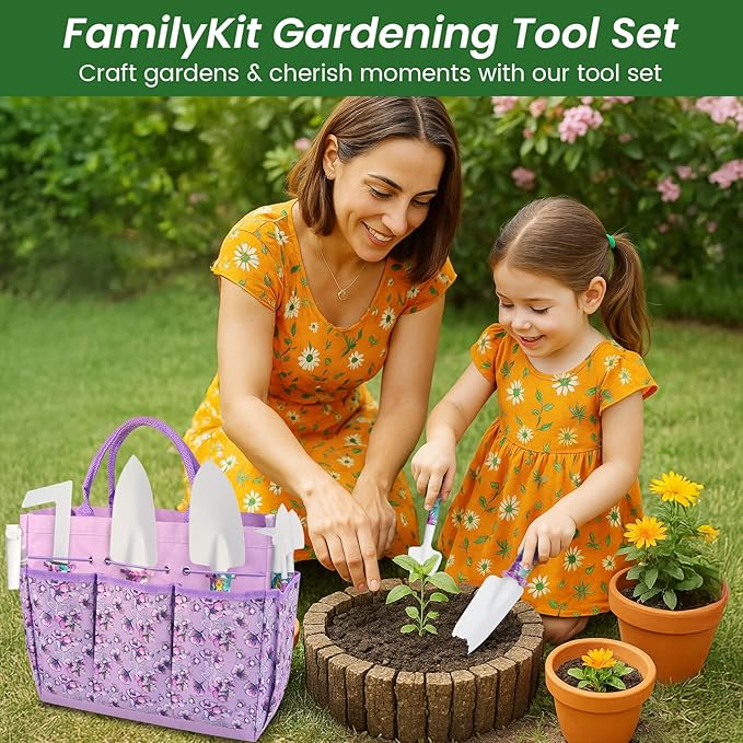 Gardening Tool Set 10-Piece, Heavy Duty Garden Tool Set with Purple Floral Tote Bag and Gift Box, Gardening Tools Kit with Ergonomic Non-Slip Handle, Ideal Gardening Gifts for Women Mom-PawvioPets