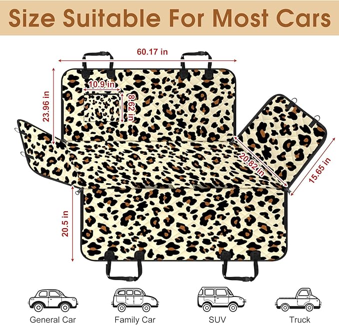 Dog Car Seat Cover, Durable Waterproof Scratch Proof Nonslip Dog Hammock, Back Seat Covers with Pocket for Cars SUVs and Trucks - S, Leopard/Black-PawvioPets