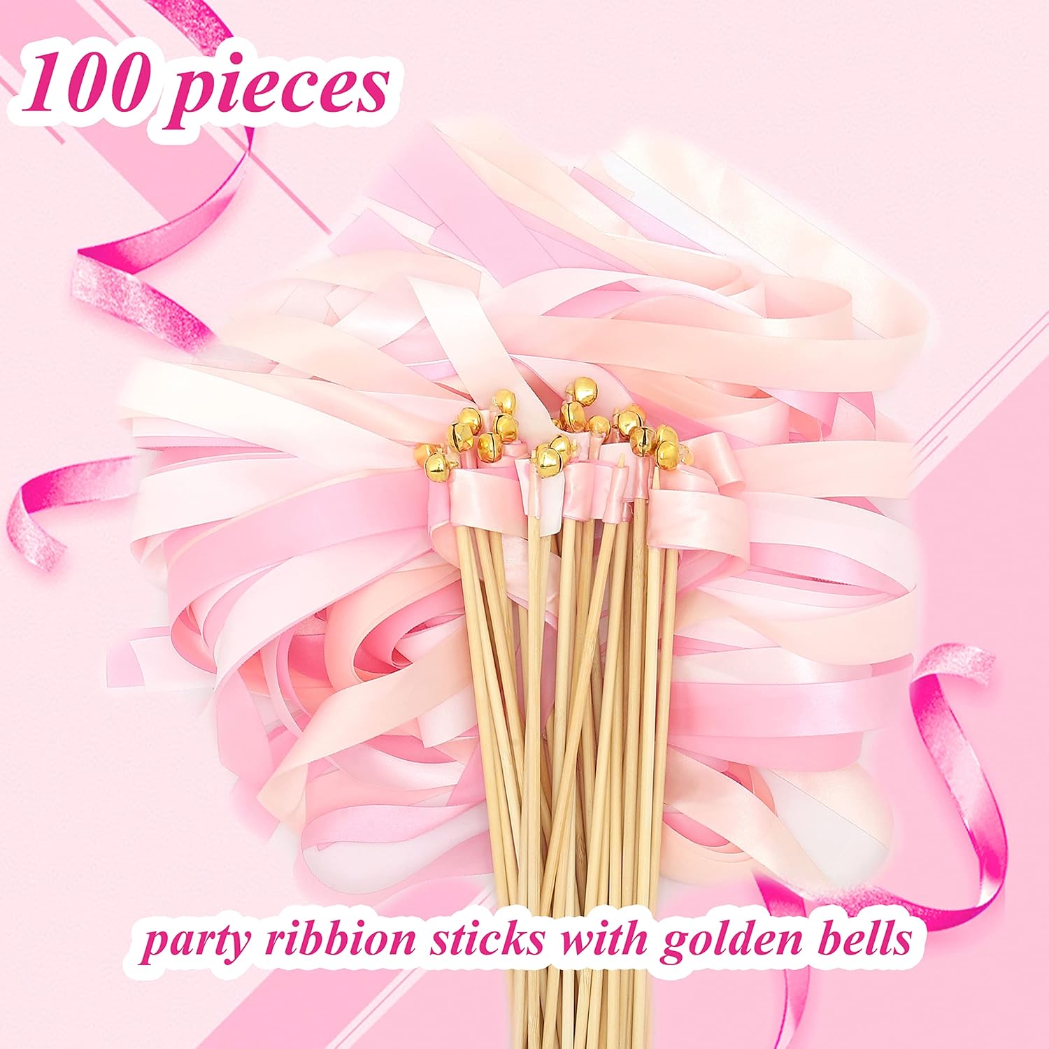 60 Pieces Wedding Colorful Ribbon with Bells, Party Ribbons Streamers Sticks Magic Wish Fairy Wand for Wedding Party Holiday Activities Favors (Pink-100)