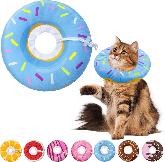Cat Cone Soft Collar,Adjustable Cat Recovery Collars Kitten Cones to Stop Licking, Cute Donut Neck Collar After Surgery, Elizabethan Kittens Protective Cones After Spay (Donut Blue, Large)-PawvioPets