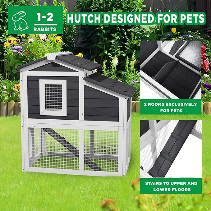 2 Story Rabbit Cage, Weatherproof Rabbit Hutch Indoor & Outdoor, Wooden Guinea Pig Cages with Removable Tray Openable Roof for Small to Medium Animals-PawvioPets
