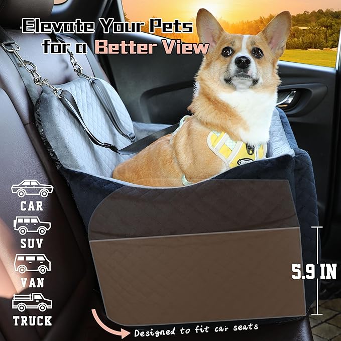 Dog Car Seat for Small Medium Dogs-Safety and Comfy Pet Booster Carseats with 2 Clip-On Satebelt & Storage Pockets,Washable and Detachable Puppy Car Seat for Dogs up to 30 lbs.(H-Black/Grey)-PawvioPets
