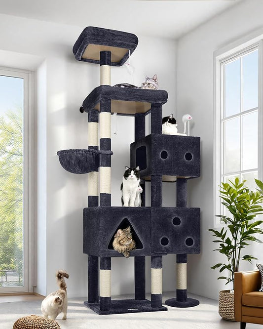Globlazer Extra Large Cat Tower, 81-inch Tall Cat Tree for Big Cats 20 lbs, XXL Heavy Duty Cat Scratching Tower for Indoor Adult Cats with 3 Cat Condos, 8 Scratching Posts, F81, Dark Grey-PawvioPets