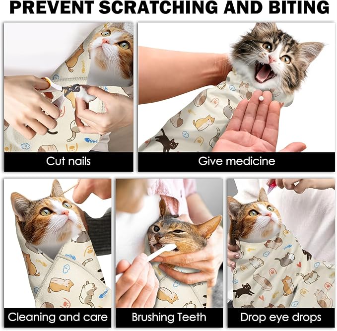 27.6"Cat Grooming Wrap, Self Adhesive Cat Wrap for Cutting Nails, Anti-Escape Calming Cat Swaddle Wrap for Medicine Ear Cleaning, Anti-Scratch Cats Burrito Restraint Blanket, Multifunctional Pet Tool-PawvioPets