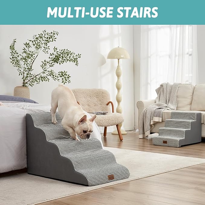 Extra Wide Dog Stairs 19.7" Width, Large Pet Step for Small Medium Dog, Puppy or Cat, Ramp for High Bed or Car, High Density Foam Ladder, Stable, 5 Step, 19.7x33x22.4 inch, White Black-PawvioPets