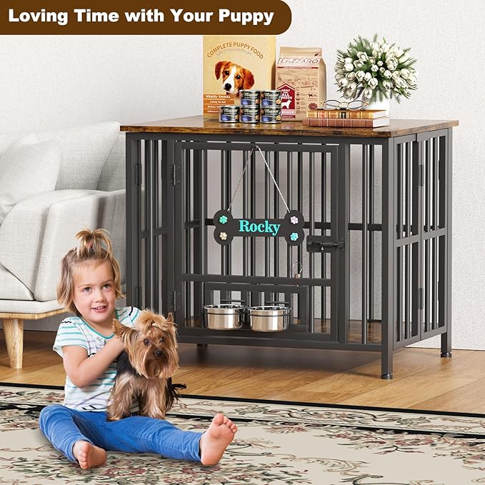 Easycom 31" Dog Crate Furniture Foldable, No Assembly Decorative Dog Kennel Indoor, Dog Crates for Small Dogs (20-40 lbs), Wooden Dog Cage with Adjustable Bowls and Name Tag, End Table, Rustic Brown-PawvioPets