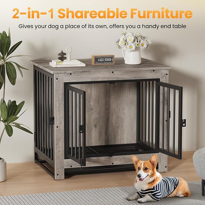 Dog Crate Furniture, Dog Crate End Table for Small and Medium Dogs,Wooden Cage Kennel Furniture Indoor, Modern Dog Crate with Multi-Purpose Removable Tray, Double-Doors Dog Furniture, Greige-PawvioPets